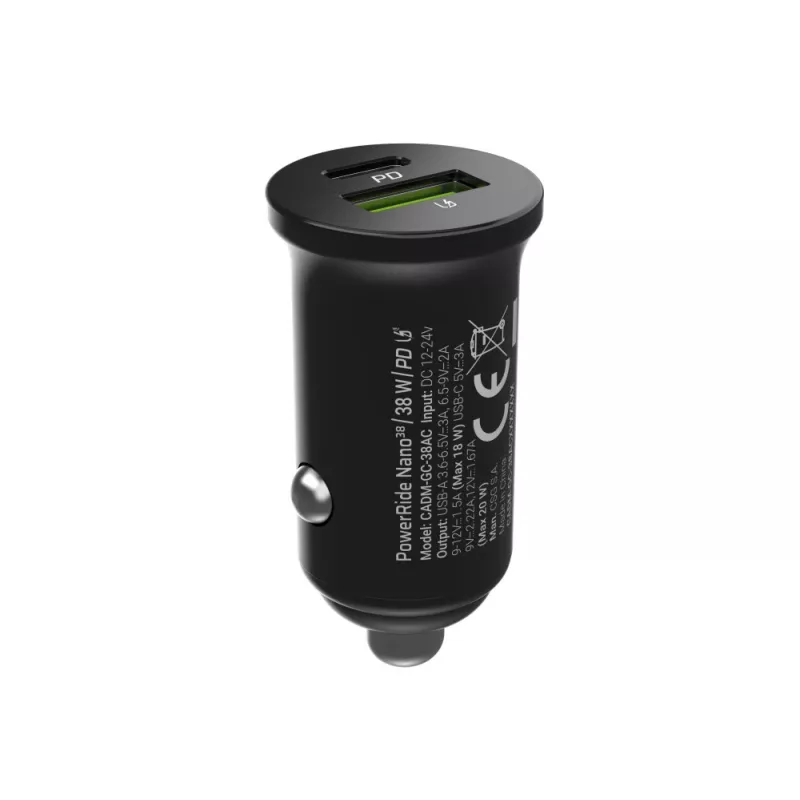 Automobilinis įkroviklis Green Cell CADM-GC-38AC 38W, 1x USB-C (PD 3.0) + 1x USB-A, aliuminio korpusas, juodas