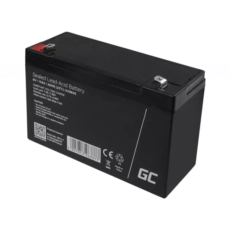 Green Cell AGM40 akumuliatorius UPS – VRLA AGM 6V 14Ah, sandarus švino rūgšties, 94×50×151 mm, 1,8 kg
