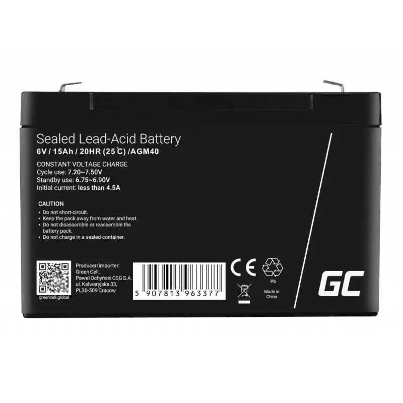 Green Cell AGM40 akumuliatorius UPS – VRLA AGM 6V 14Ah, sandarus švino rūgšties, 94×50×151 mm, 1,8 kg