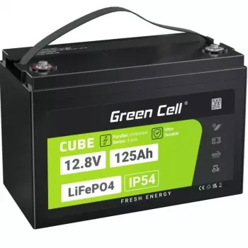Green Cell LiFePO4 12.8V 125Ah akumuliatorius – 125 Ah, 12,8 V, 150 A maks. iškrova, 13,5 kg, 340×180×225 mm