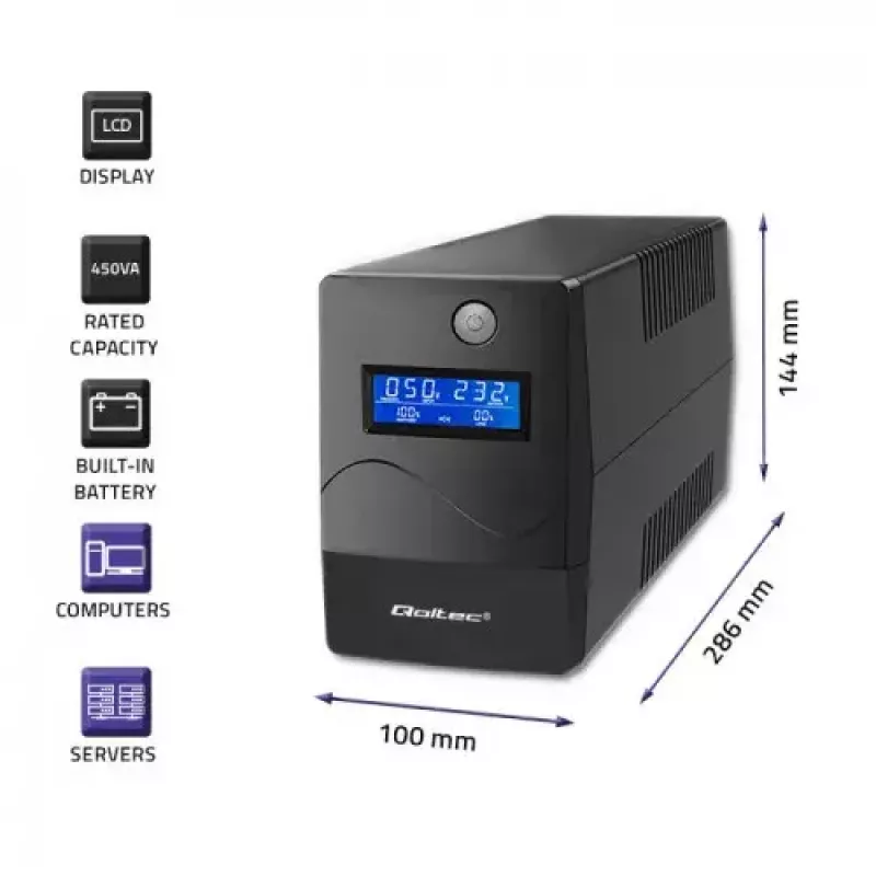 Nepertraukiamo maitinimo šaltinis Qoltec Monolith 0,85 kVA 480 W 2 AC lizdai