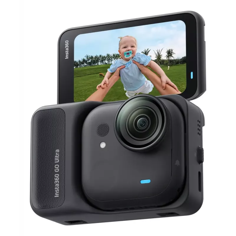 Veiksmo kamera Insta360 GO Ultra Standard Black – 4K itin didelės raiškos, 1/1.28 colio jutiklis, 240 kadrų per sekundę, belaidis ryšys, įmontuotas ekranas, „MicroSD“, 52,9 g