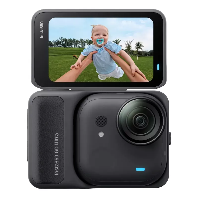 Veiksmo kamera Insta360 GO Ultra Standard Black – 4K itin didelės raiškos, 1/1.28 colio jutiklis, 240 kadrų per sekundę, belaidis ryšys, įmontuotas ekranas, „MicroSD“, 52,9 g