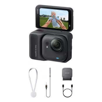 Veiksmo kamera Insta360 GO Ultra Standard Black – 4K itin didelės raiškos, 1/1.28 colio jutiklis, 240 kadrų per sekundę, belaidis ryšys, įmontuotas ekranas, „MicroSD“, 52,9 g