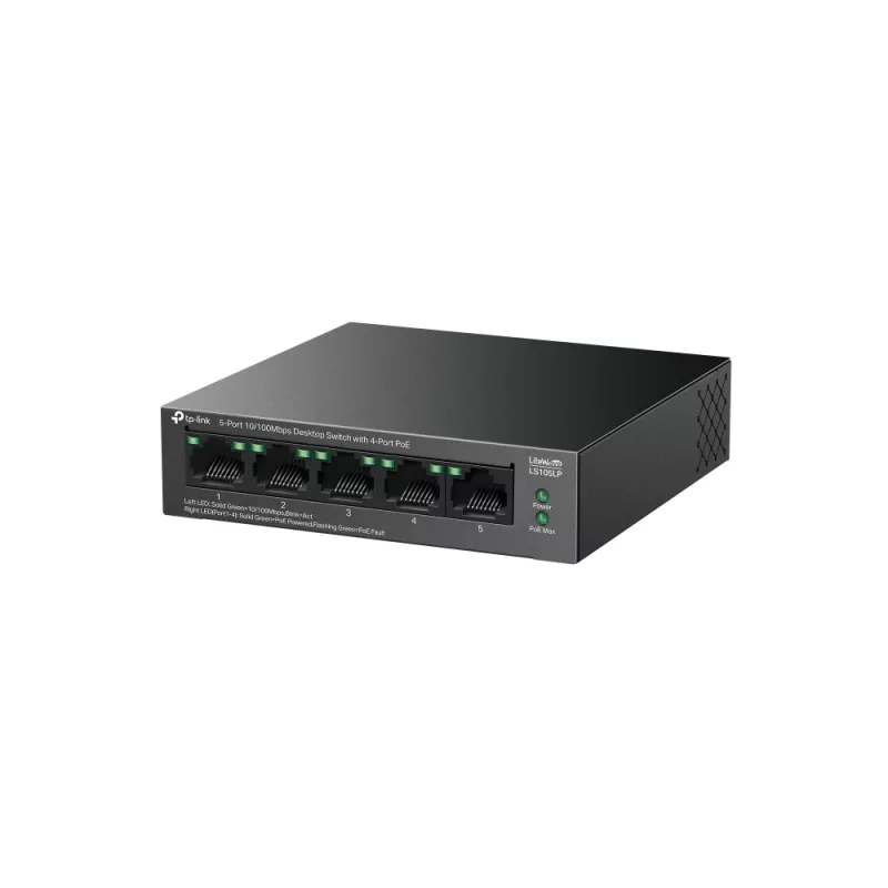 Nevaldomas TP‑LINK LS105P jungiklis, 5x Fast Ethernet (10/100) prievadai, 4x PoE prievadai, 1 Gbit/s perjungimo talpa, be ventiliatoriaus, juodas