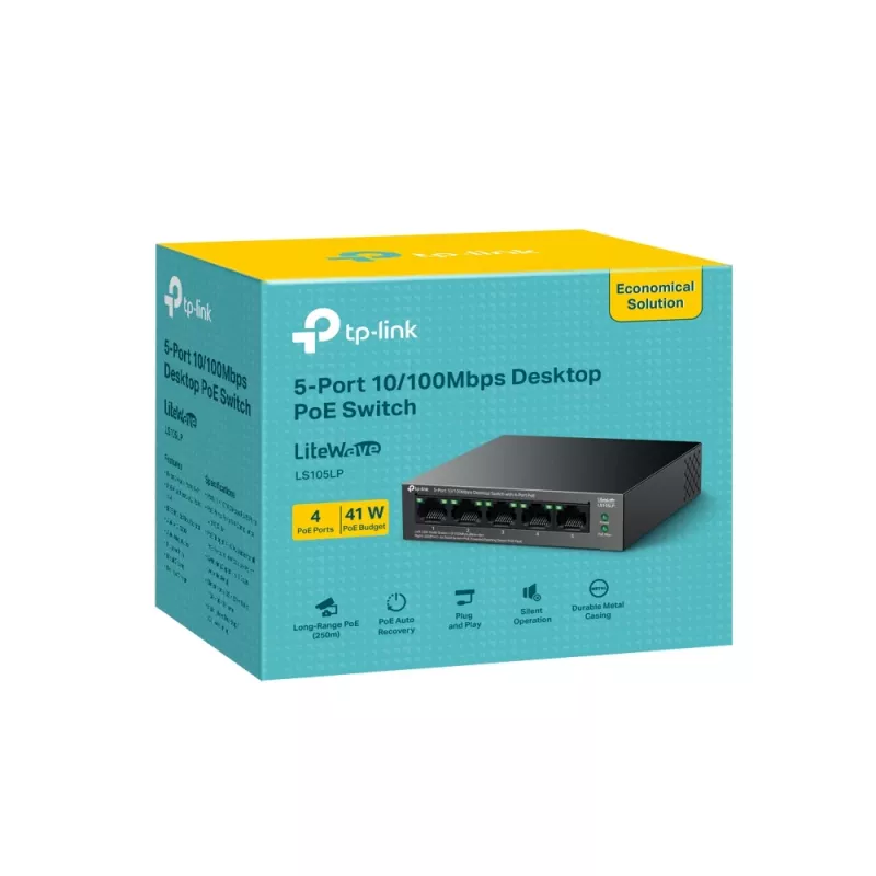 Nevaldomas TP‑LINK LS105P jungiklis, 5x Fast Ethernet (10/100) prievadai, 4x PoE prievadai, 1 Gbit/s perjungimo talpa, be ventiliatoriaus, juodas