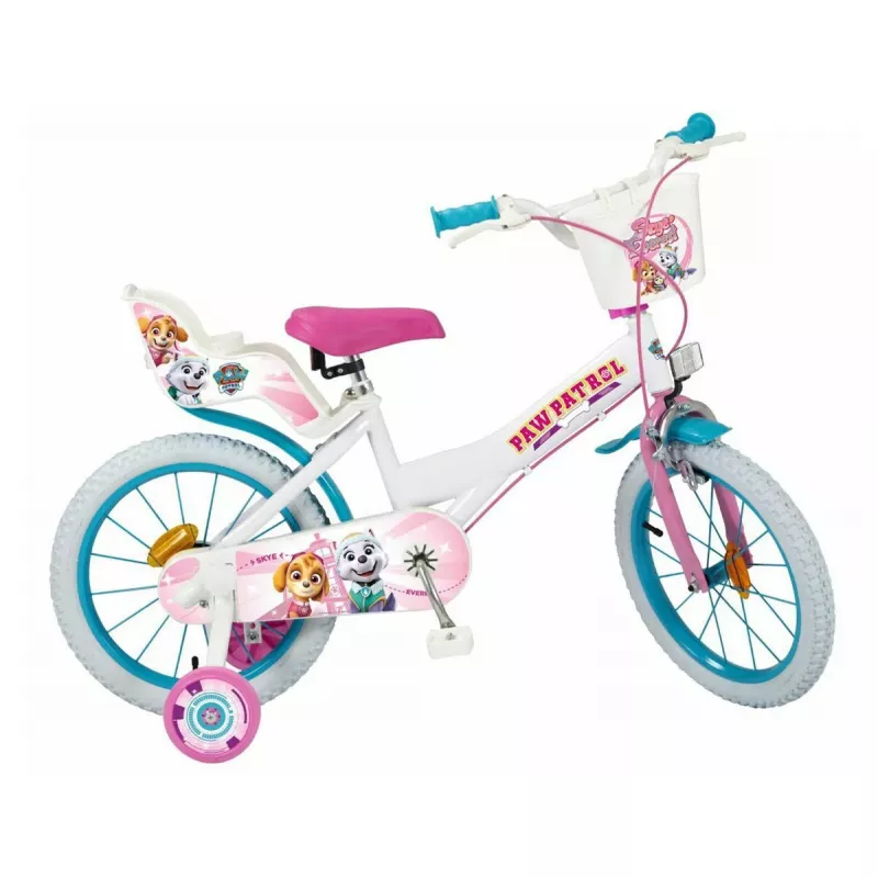 Vaikiškas dviratis Toimsa 16 colių modelis 1681 – plieninis rėmas, pripučiamos padangos, rankiniai stabdžiai, su šoniniais ratukais ir krepšiu (PAW Patrol)