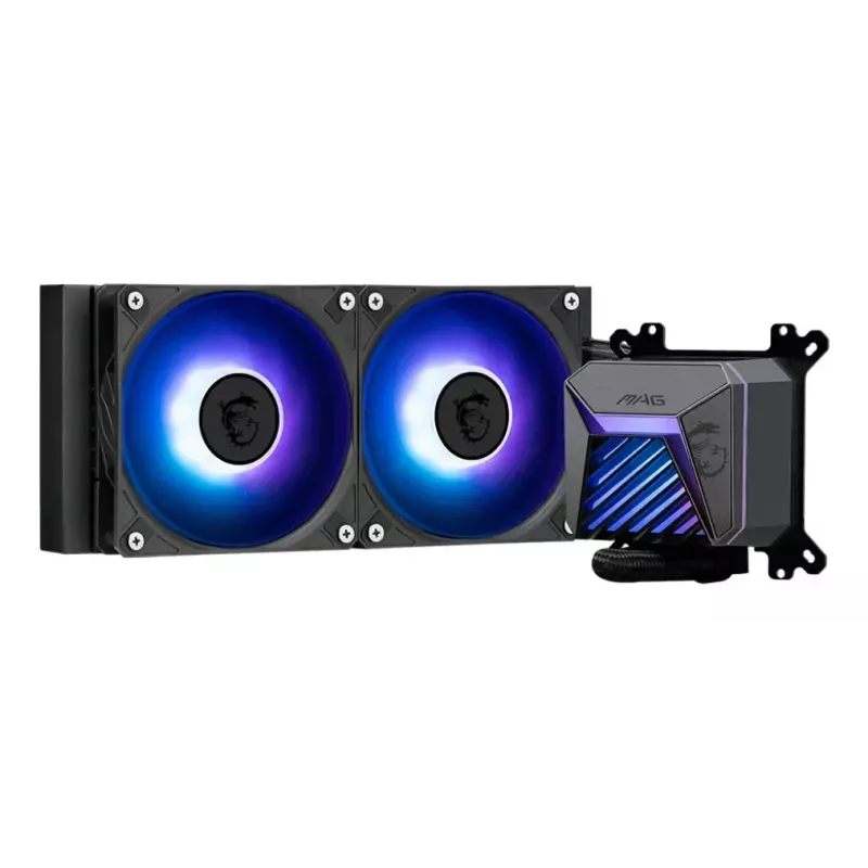 Vandens aušintuvas MSI MAG Coreliquid A15 240 — 240 mm radiatorius, 2×120 mm ventiliatoriai, LGA1700/AM4/AM5, juodas