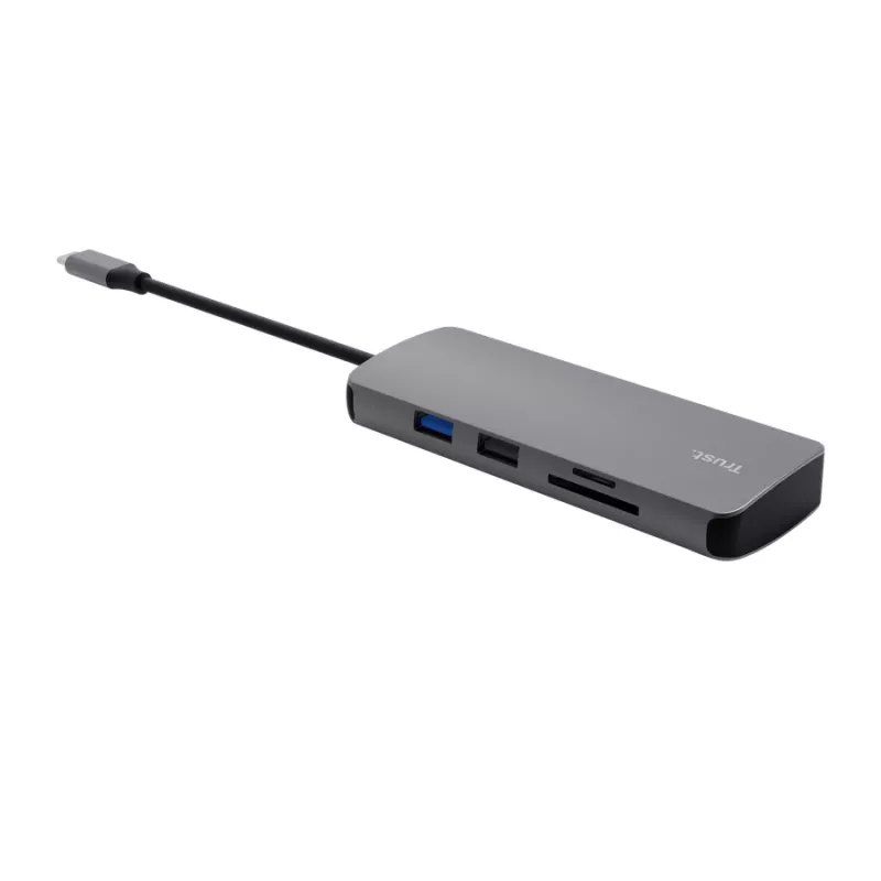 USB Type-C stotelė TRUST 25672 — HDMI, RJ-45, USB 3.2 Gen 1 Type-A/Type-C, SD/MicroSD, pilka