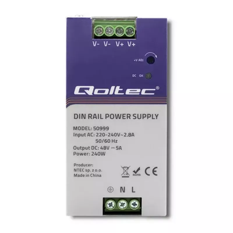 DIN bėgio maitinimo šaltinis QOLTEC 50999, 240W, 48V DC, 5A