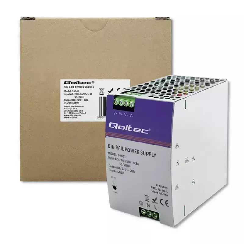 Maitinimo šaltinis ant DIN bėgelio QOLTEC 50901 — 480W, 24V DC, 20A