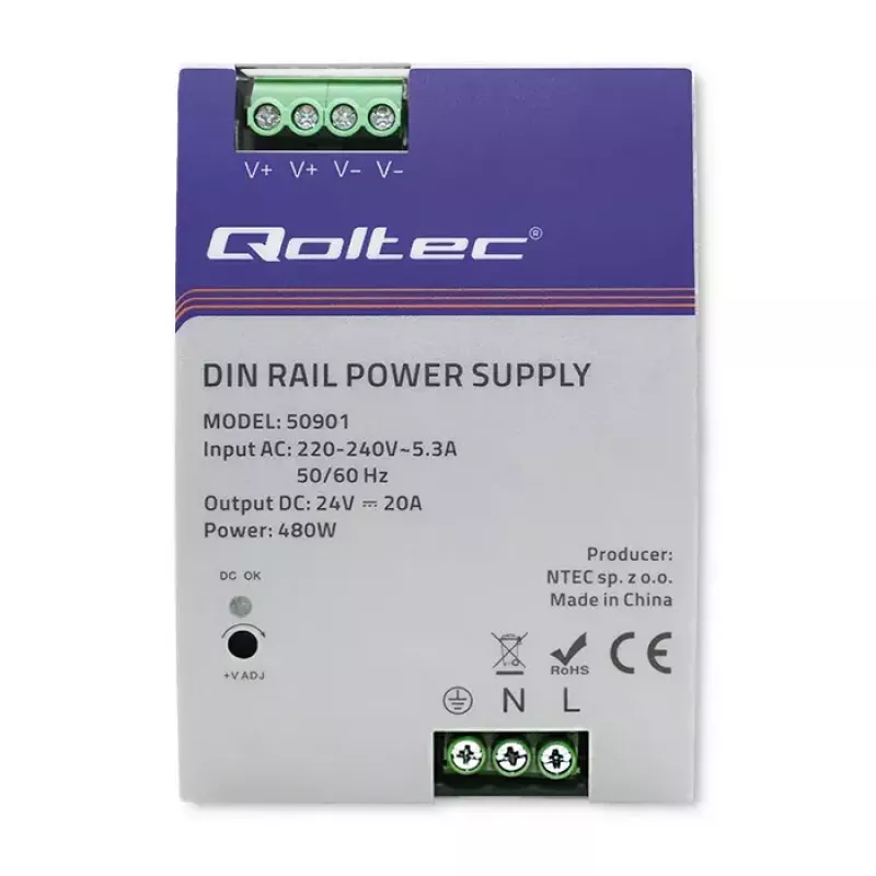 Maitinimo šaltinis ant DIN bėgelio QOLTEC 50901 — 480W, 24V DC, 20A