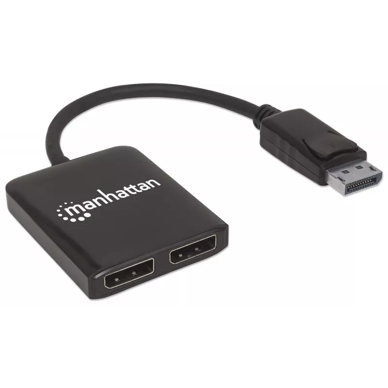 Manhattan DisplayPort 1.2 šakotuvas su 2 DisplayPort 1.2 išėjimais ir MST, 4K@30Hz, maitinimas per USB-A, vaizdo sienos režimas, juodas, MST – Multi-Stream Transport, 3 metų garantija