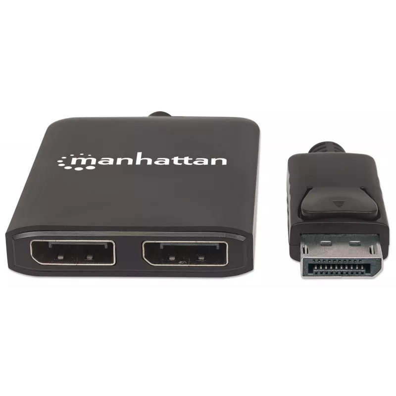 Manhattan DisplayPort 1.2 šakotuvas su 2 DisplayPort 1.2 išėjimais ir MST, 4K@30Hz, maitinimas per USB-A, vaizdo sienos režimas, juodas, MST – Multi-Stream Transport, 3 metų garantija