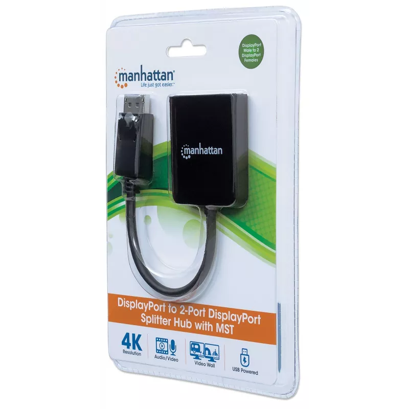 Manhattan DisplayPort 1.2 šakotuvas su 2 DisplayPort 1.2 išėjimais ir MST, 4K@30Hz, maitinimas per USB-A, vaizdo sienos režimas, juodas, MST – Multi-Stream Transport, 3 metų garantija