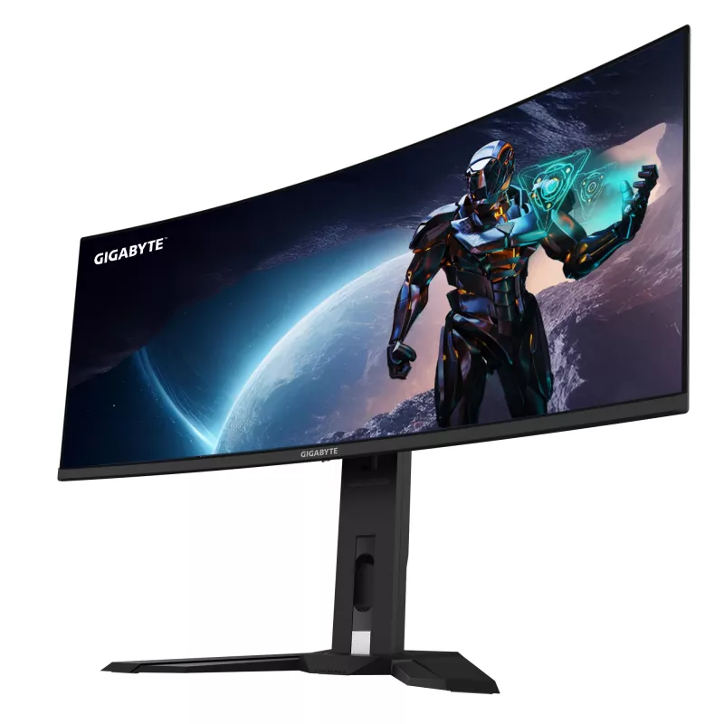 GIGABYTE MO34WQC2 34 colių OLED WQHD lenktas žaidimų monitorius – 3440 x 1440, 240 Hz, 0,03 ms, KVM, 250 cd/m², FreeSync Premium Pro, DisplayHDR True Black 400, HDMI 2.1, DisplayPort 1.4