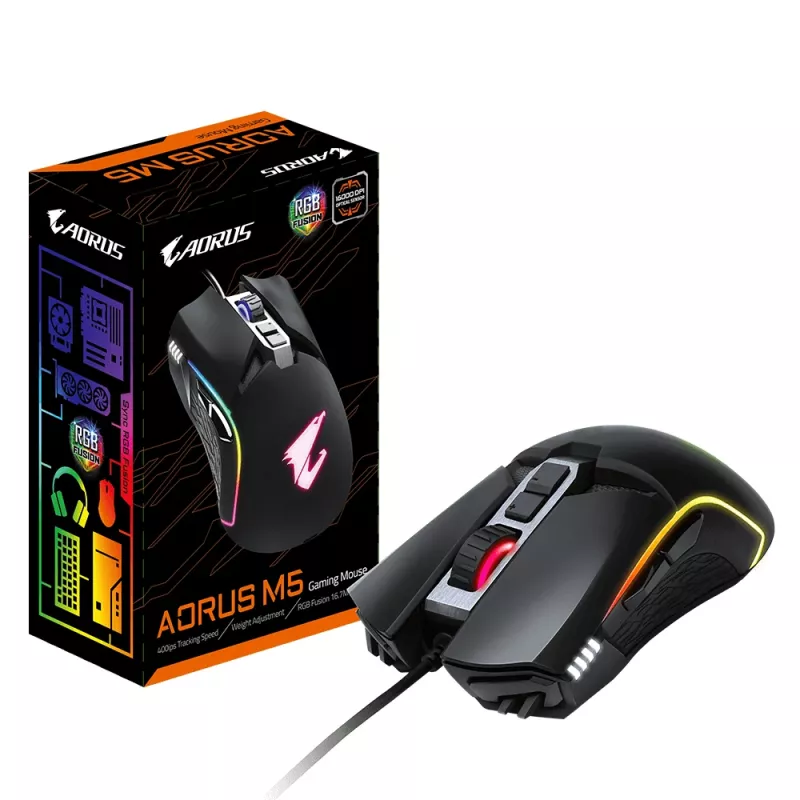 GIGABYTE AORUS M5 žaidimų pelė, dešiniajai rankai, USB Type-A, optinė, 16000 DPI