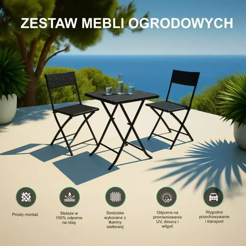 Sodo baldų komplektas Extralink L-0201P – 2 kėdės ir juodas stalas