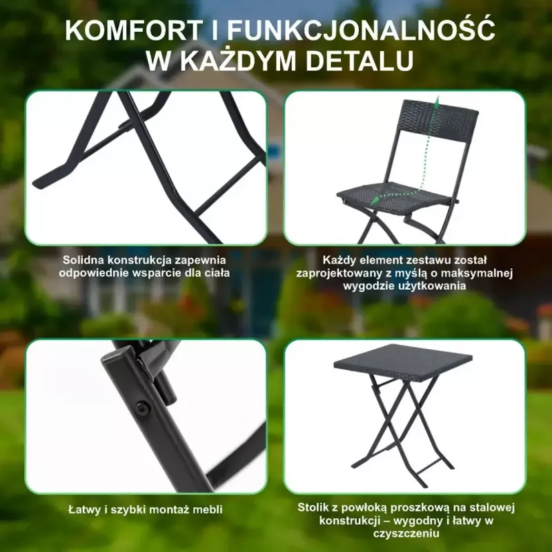 Sodo baldų komplektas Extralink L-0201P – 2 kėdės ir juodas stalas