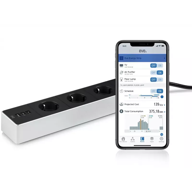 Išmanusis ilgintuvas Eve Energy Strip juodas baltas 3 kištukiniai lizdai 120–230 V 1,9 m