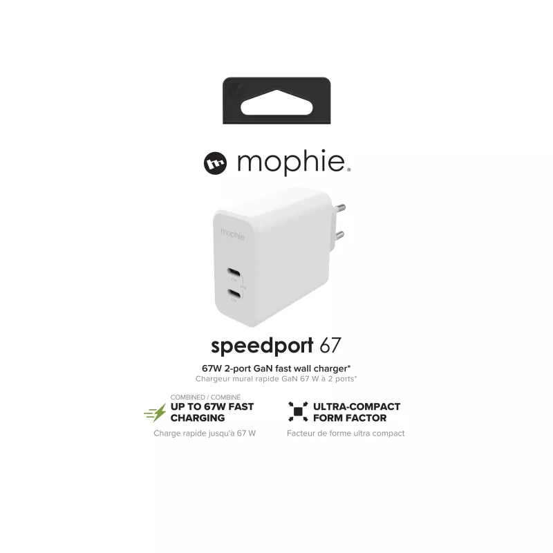 mophie Sieninis adapteris USB-C PD DUAL 67W GaN Baltas ES (2xUSB-C)