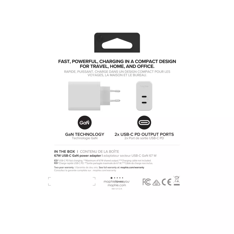 mophie Sieninis adapteris USB-C PD DUAL 67W GaN Baltas ES (2xUSB-C)