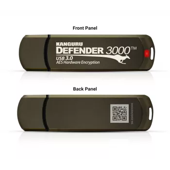 Kanguru Defender 3000™ SuperSpeed USB 3.0 | Saugus USB atmintukas | FIPS 140-3 Level 3 (laukiama), FIPS 140-2 Level 3 sertifikuotas | AES-XTS 256 bitų aparatinė šifracija | TAA atitinka
