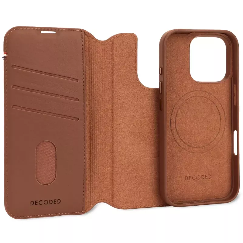 Decoded odinis atsegamas piniginės dėklas iPhone 16 Pro – ruda, natūrali oda, mikropluoštas, 6,3 colio ekranas, 3 kortelių kišenės