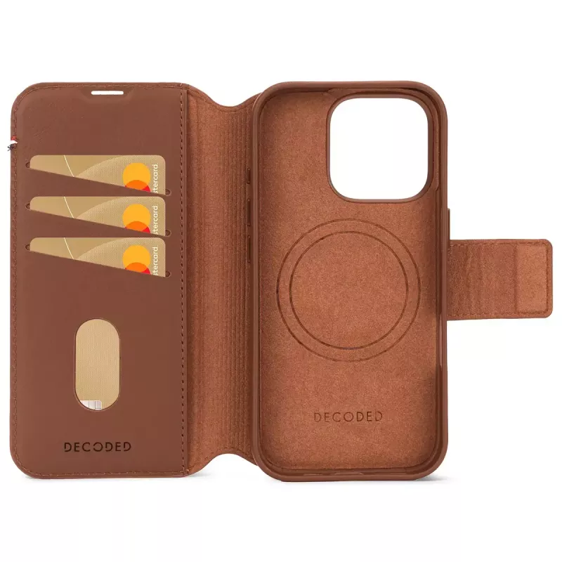 Decoded odinis atsegamas piniginės dėklas iPhone 16 Pro – ruda, natūrali oda, mikropluoštas, 6,3 colio ekranas, 3 kortelių kišenės
