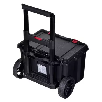 Keter 250927 – laikymo dėžių rinkinys 3 vnt., sukraunamos technopolimerinės dėžės su ratukais ir užraktu, 525×694×411 mm, juodos