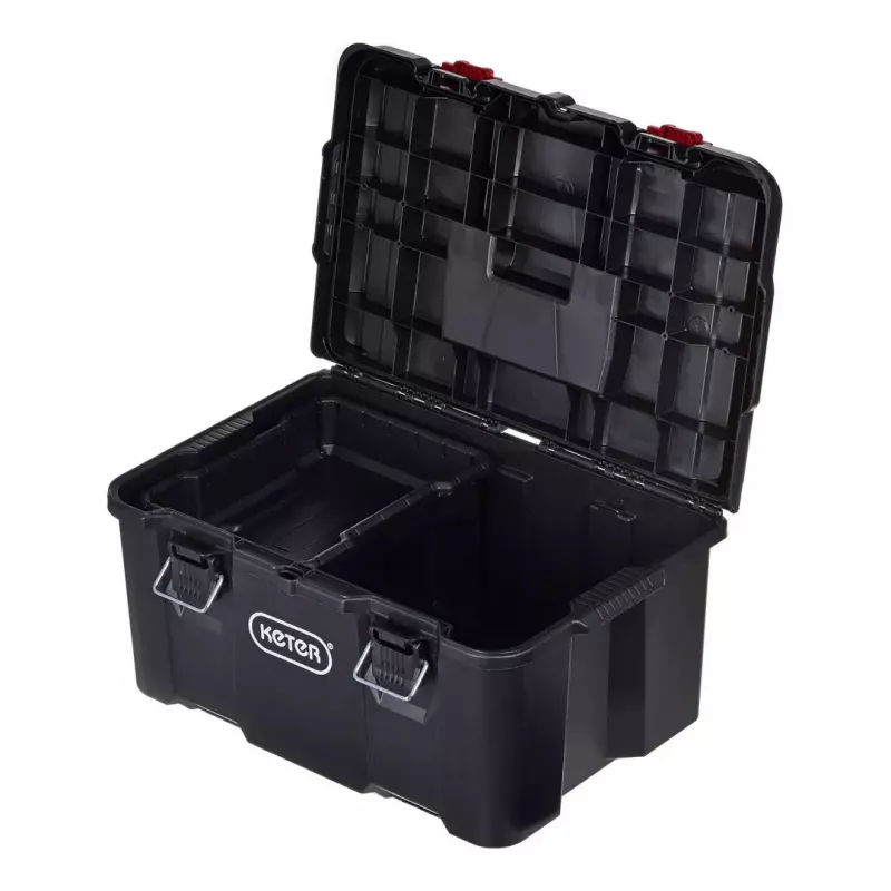 Keter 250927 – laikymo dėžių rinkinys 3 vnt., sukraunamos technopolimerinės dėžės su ratukais ir užraktu, 525×694×411 mm, juodos
