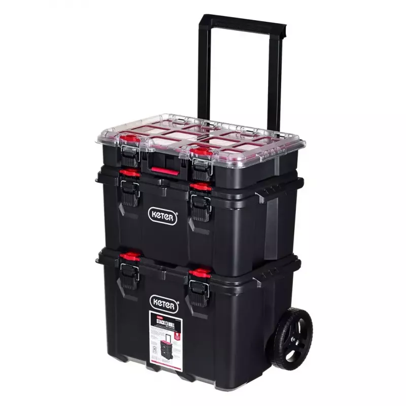 Keter 250927 – laikymo dėžių rinkinys 3 vnt., sukraunamos technopolimerinės dėžės su ratukais ir užraktu, 525×694×411 mm, juodos