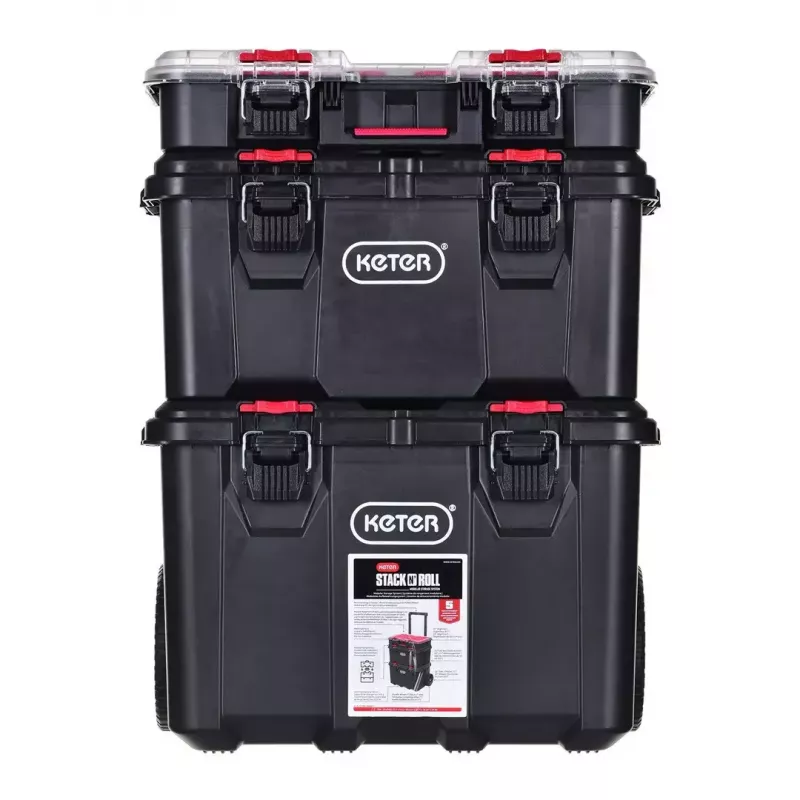 Keter 250927 – laikymo dėžių rinkinys 3 vnt., sukraunamos technopolimerinės dėžės su ratukais ir užraktu, 525×694×411 mm, juodos