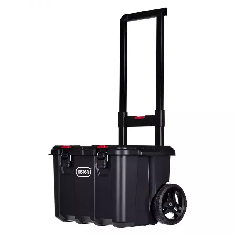 Keter 250927 – laikymo dėžių rinkinys 3 vnt., sukraunamos technopolimerinės dėžės su ratukais ir užraktu, 525×694×411 mm, juodos