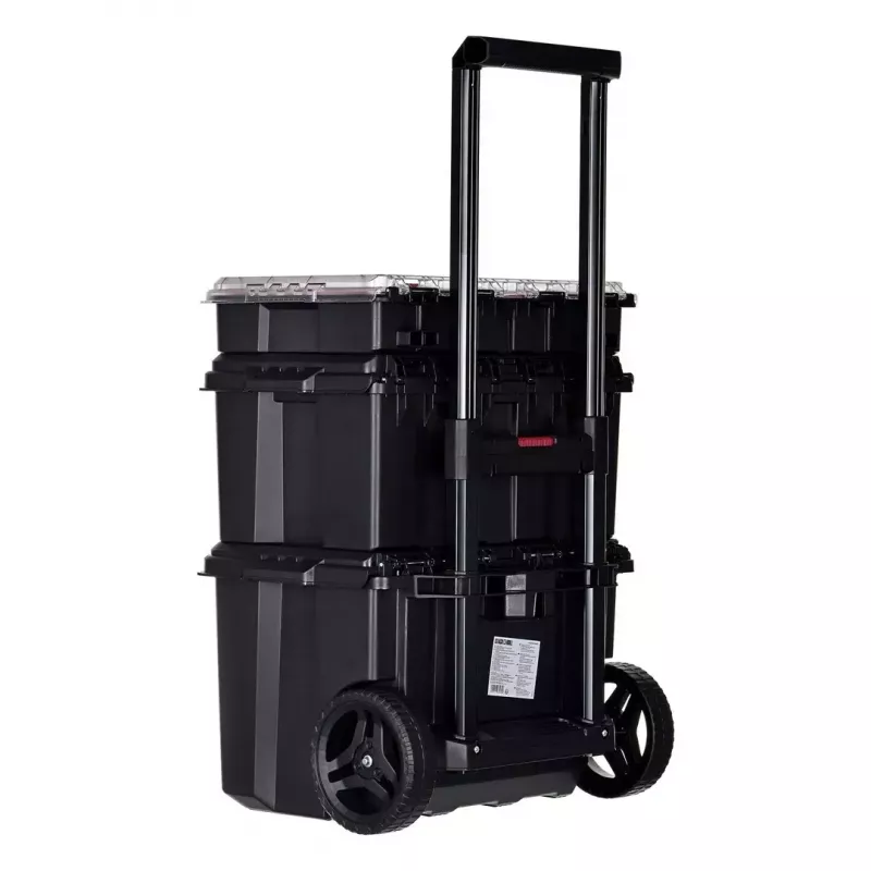 Keter 250927 – laikymo dėžių rinkinys 3 vnt., sukraunamos technopolimerinės dėžės su ratukais ir užraktu, 525×694×411 mm, juodos