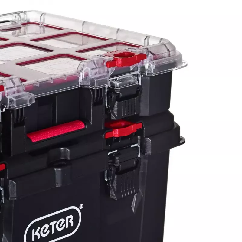Keter 250927 – laikymo dėžių rinkinys 3 vnt., sukraunamos technopolimerinės dėžės su ratukais ir užraktu, 525×694×411 mm, juodos