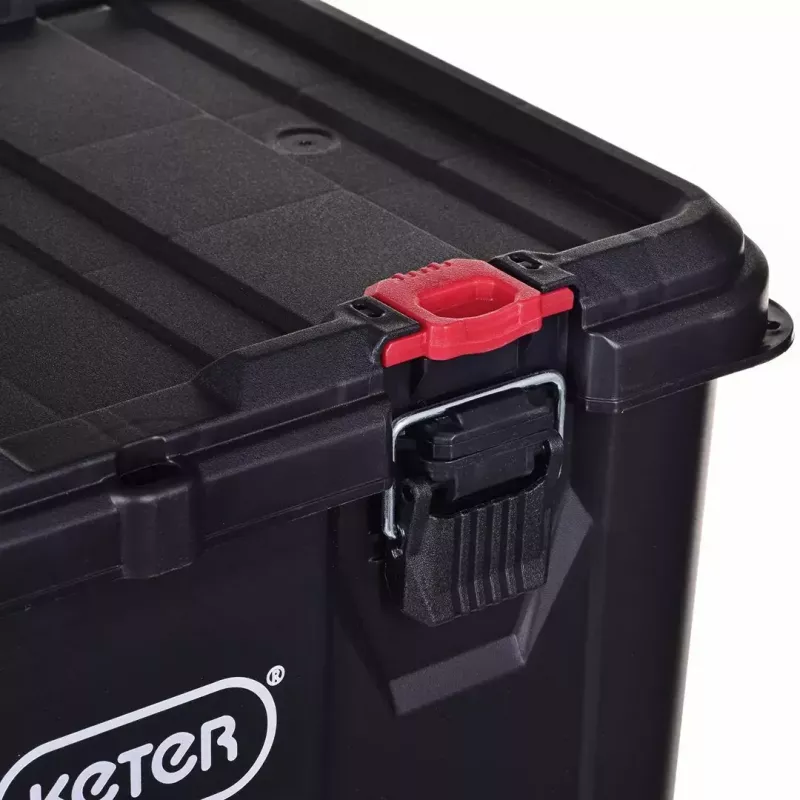 Keter 250927 – laikymo dėžių rinkinys 3 vnt., sukraunamos technopolimerinės dėžės su ratukais ir užraktu, 525×694×411 mm, juodos