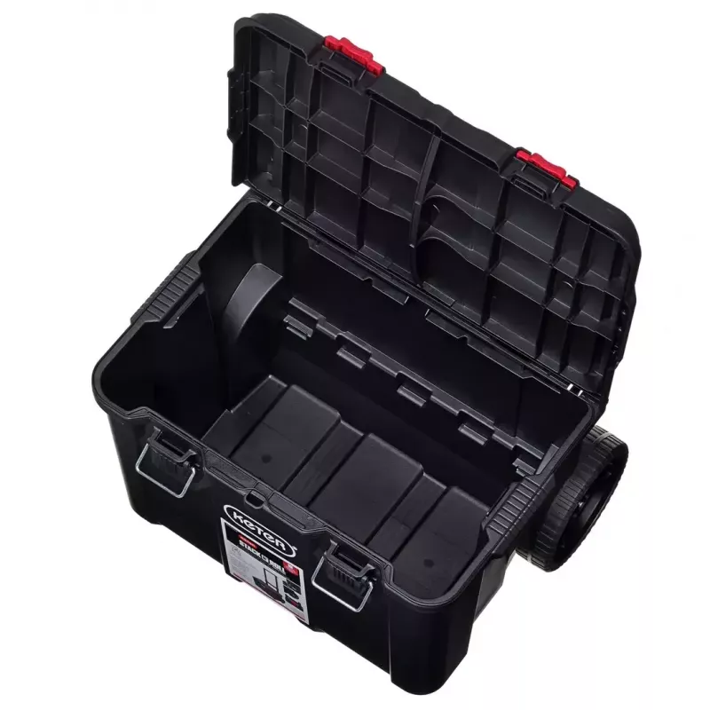 Keter 250927 – laikymo dėžių rinkinys 3 vnt., sukraunamos technopolimerinės dėžės su ratukais ir užraktu, 525×694×411 mm, juodos