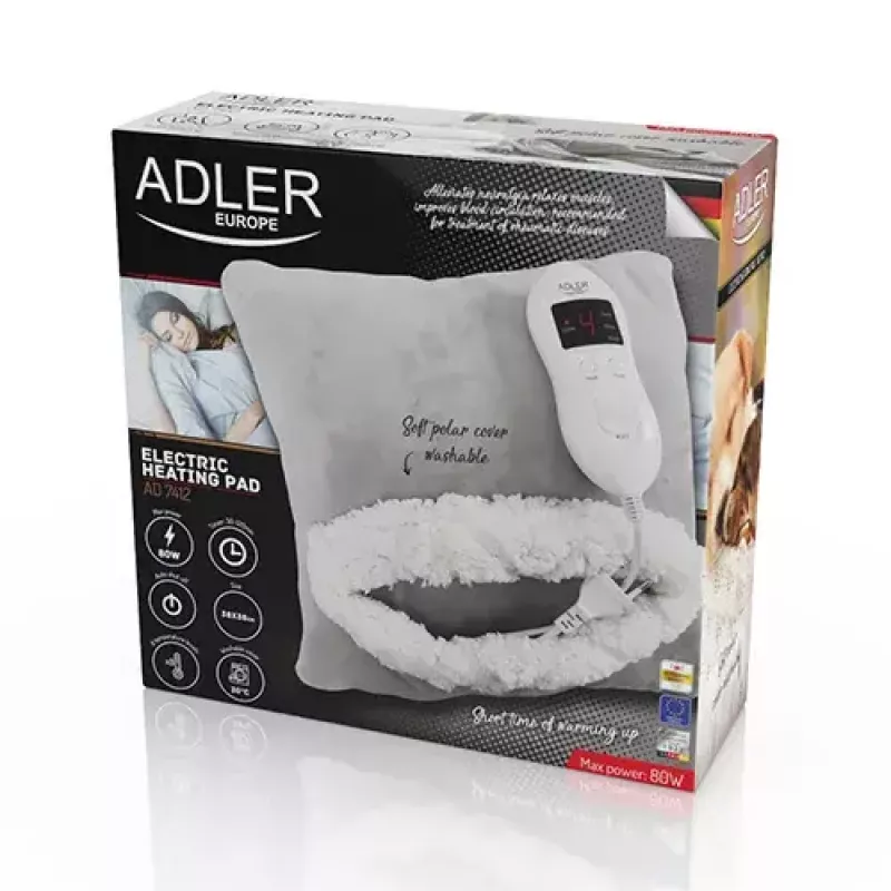 Elektrinė antklodė Adler AD 7412 – 1 asmens flisinis užklotas, 80 W, 8 šildymo lygių, skalbiama, laikmatis, pilka