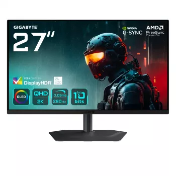 GIGABYTE MO27Q2A 27 colių OLED 2K QHD žaidimų monitorius - 2560 x 1440, 280Hz, 0.03ms, 250 cd/m², FreeSync Premium Pro, DisplayHDR True Black 400, HDMI 2.1, Displayport 1.4