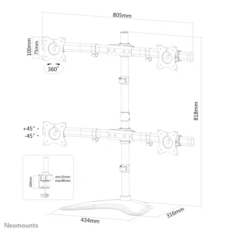 Neomounts NM-D335D4BLACK Monitorio stovas 10-27 colių, spaustuvas/ant stovo/per angą, 8 kg, 25,4 cm (10 col.), 68,6 cm (27 col.), 100 x 100 mm, juodas