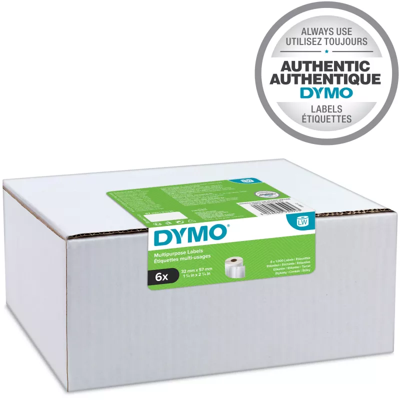DYMO Originalios LabelWriter kelių paskirčių etiketės 32mm x 57mm, 6 ritinėliai po 1000 lengvai nuplėšiamų etikečių (6000 vnt.), lipnios, LabelWriter etikečių spausdintuvams