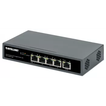 Intellinet 5-Port Gigabit Switch su PoE perdavimu, vienas IEEE 802.3bt (PoE++ / 4PPoE) PD PoE prievadas su 95 W galios įvadu, keturi PSE PoE prievadai, PoE galios biudžetas iki 65 W, IEEE 802.3at/af suderinama išvestis, stalinis, montuojamas ant sienos