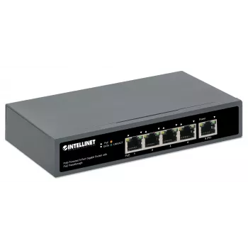 Intellinet 5-Port Gigabit Switch su PoE perdavimu, vienas IEEE 802.3bt (PoE++ / 4PPoE) PD PoE prievadas su 95 W galios įvadu, keturi PSE PoE prievadai, PoE galios biudžetas iki 65 W, IEEE 802.3at/af suderinama išvestis, stalinis, montuojamas ant sienos
