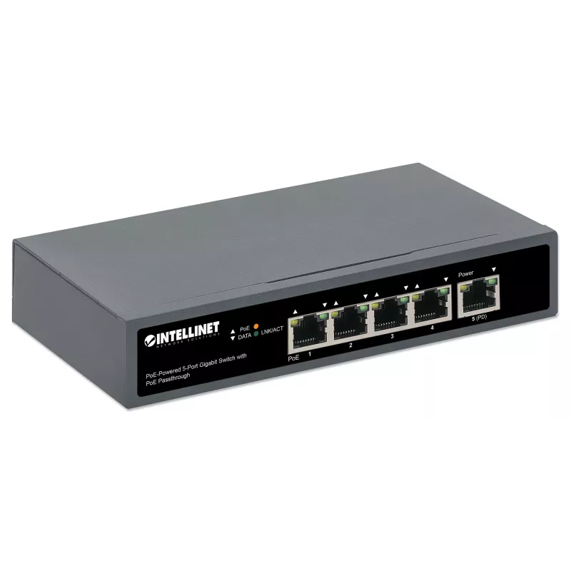 Intellinet 5-Port Gigabit Switch su PoE perdavimu, vienas IEEE 802.3bt (PoE++ / 4PPoE) PD PoE prievadas su 95 W galios įvadu, keturi PSE PoE prievadai, PoE galios biudžetas iki 65 W, IEEE 802.3at/af suderinama išvestis, stalinis, montuojamas ant sienos