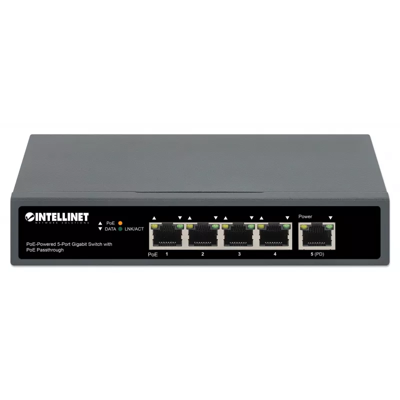 Intellinet 5-Port Gigabit Switch su PoE perdavimu, vienas IEEE 802.3bt (PoE++ / 4PPoE) PD PoE prievadas su 95 W galios įvadu, keturi PSE PoE prievadai, PoE galios biudžetas iki 65 W, IEEE 802.3at/af suderinama išvestis, stalinis, montuojamas ant sienos