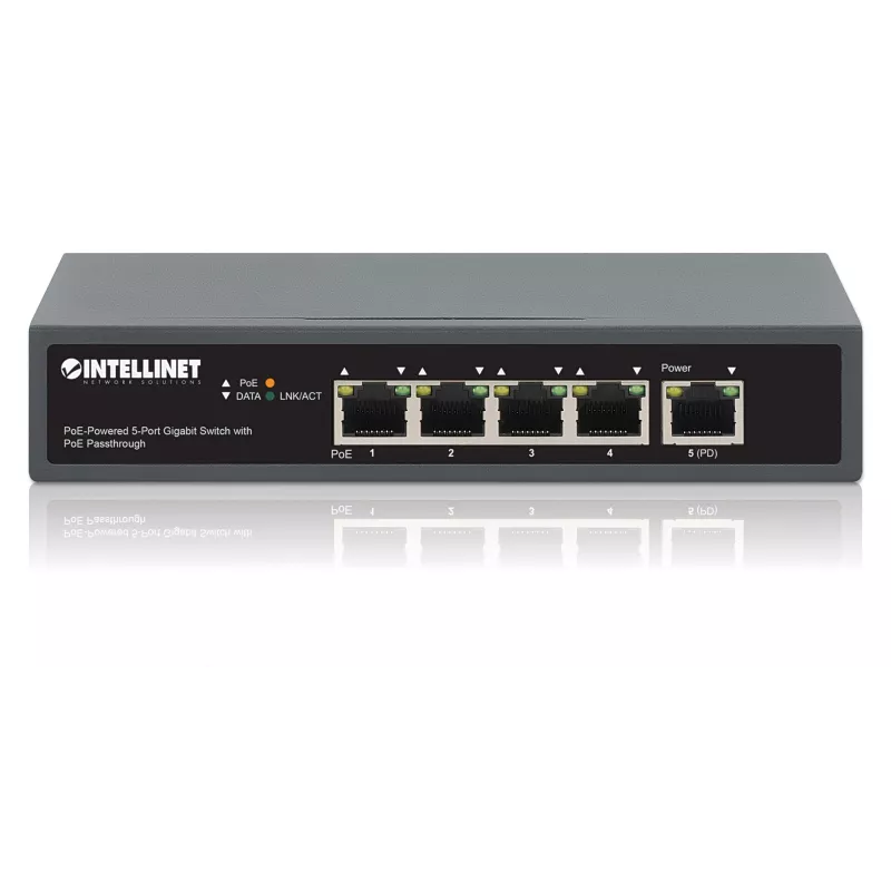 Intellinet 5-Port Gigabit Switch su PoE perdavimu, vienas IEEE 802.3bt (PoE++ / 4PPoE) PD PoE prievadas su 95 W galios įvadu, keturi PSE PoE prievadai, PoE galios biudžetas iki 65 W, IEEE 802.3at/af suderinama išvestis, stalinis, montuojamas ant sienos