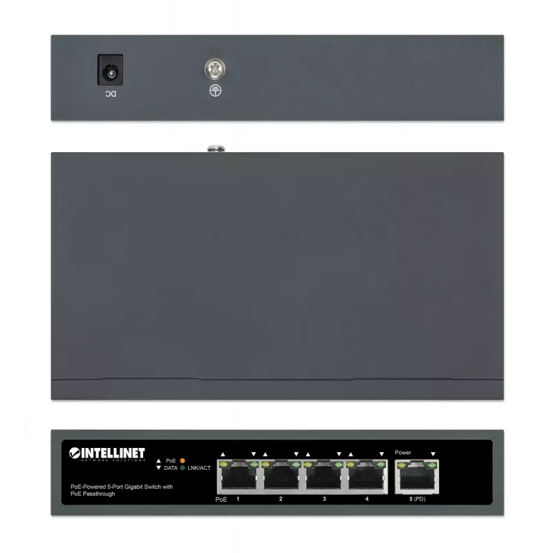 Intellinet 5-Port Gigabit Switch su PoE perdavimu, vienas IEEE 802.3bt (PoE++ / 4PPoE) PD PoE prievadas su 95 W galios įvadu, keturi PSE PoE prievadai, PoE galios biudžetas iki 65 W, IEEE 802.3at/af suderinama išvestis, stalinis, montuojamas ant sienos