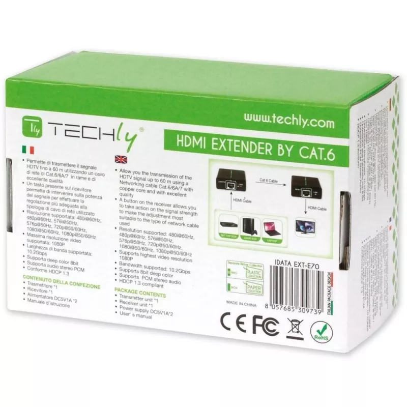 AV siųstuvas-imtuvas TECHLY IDATA EXT-E70 – HDMI per Cat6/6a/7, Full HD 1920x1080, 60 m, 10.2 Gbit/s, HDCP, juoda