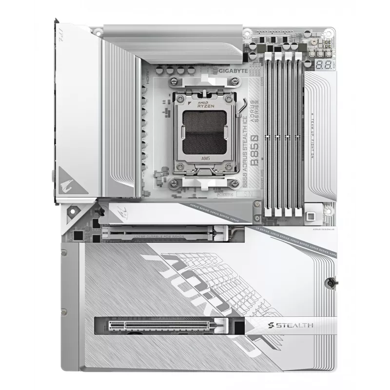 GIGABYTE B850 AORUS STEALTH ICE ATX pagrindinė plokštė AMD Socket AM5 — B850, 14+2+2 VRM, DDR5 iki 8200MHz (OC), 2×PCIe5, 2×PCIe4 M.2, Wi‑Fi 7, 5GbE